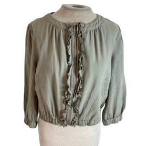 Rope Picnic Cropped Linen Ruffle Front Jacket Taupe Tan Gray S Small